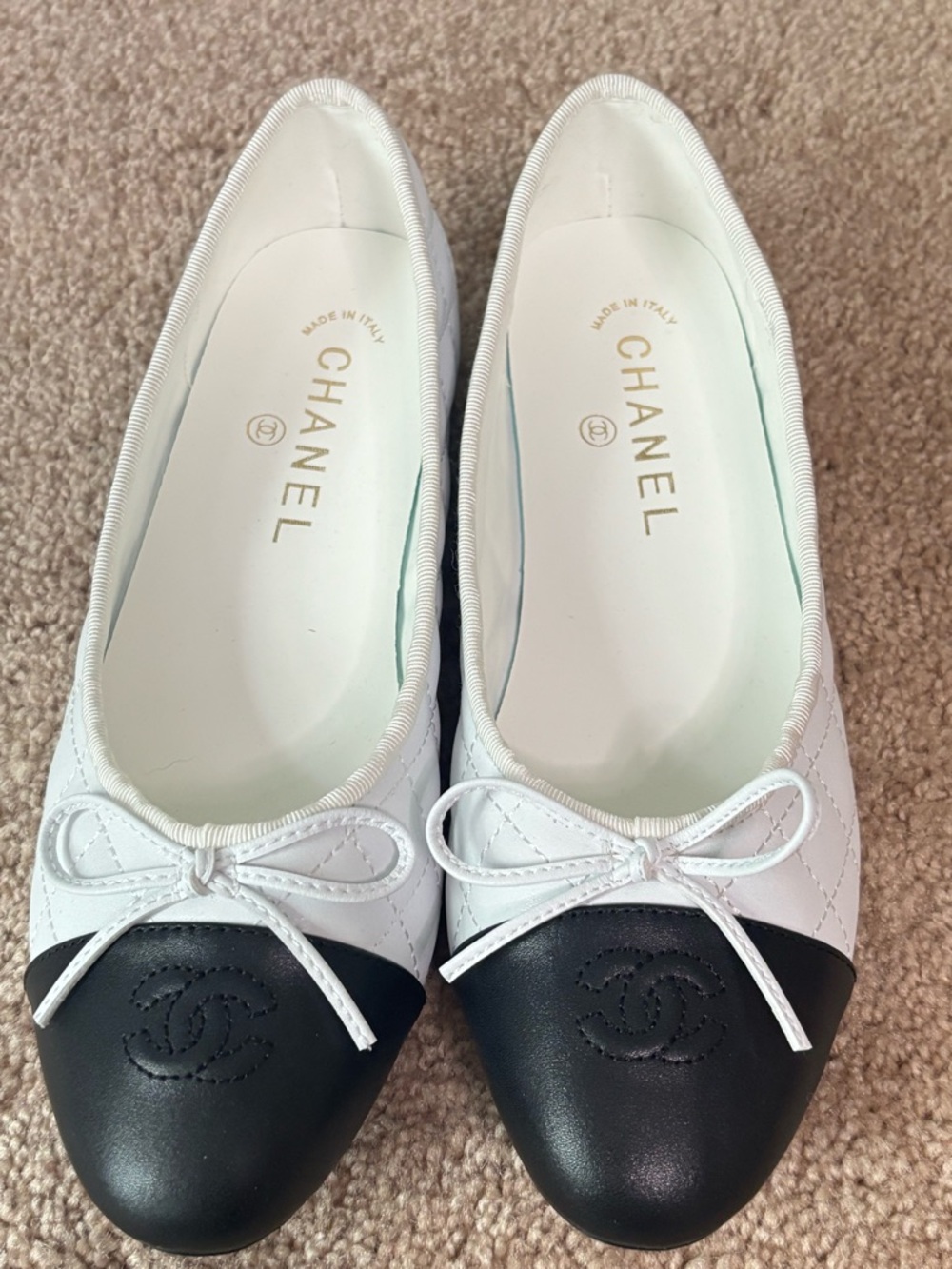 Two-Tone White and Black Quilted Leather Ballet Flats - Picture 1 of 4